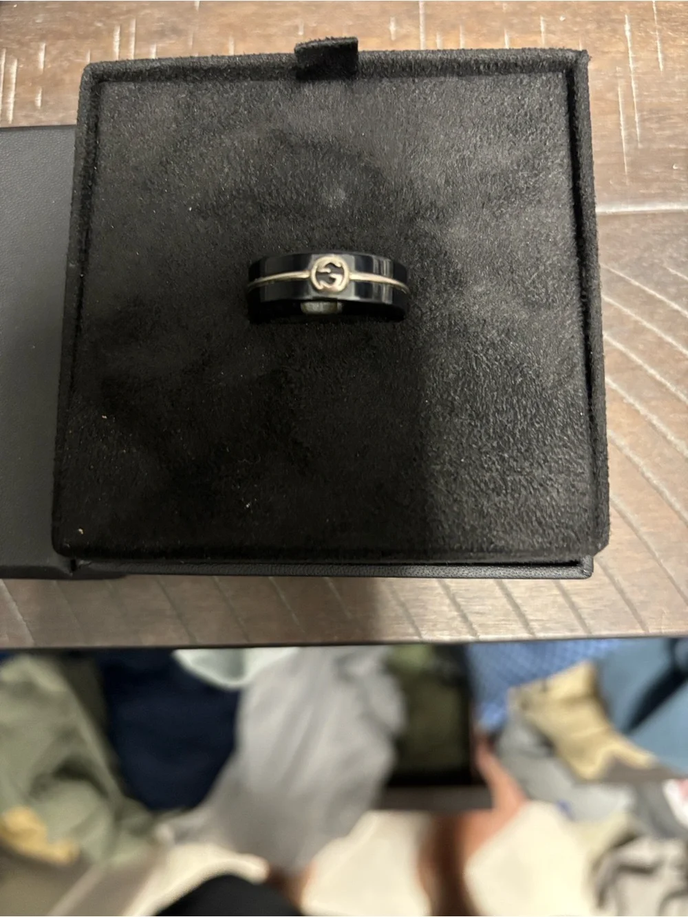 Gucci Black Ceramic Ring with Gold Double G Accent